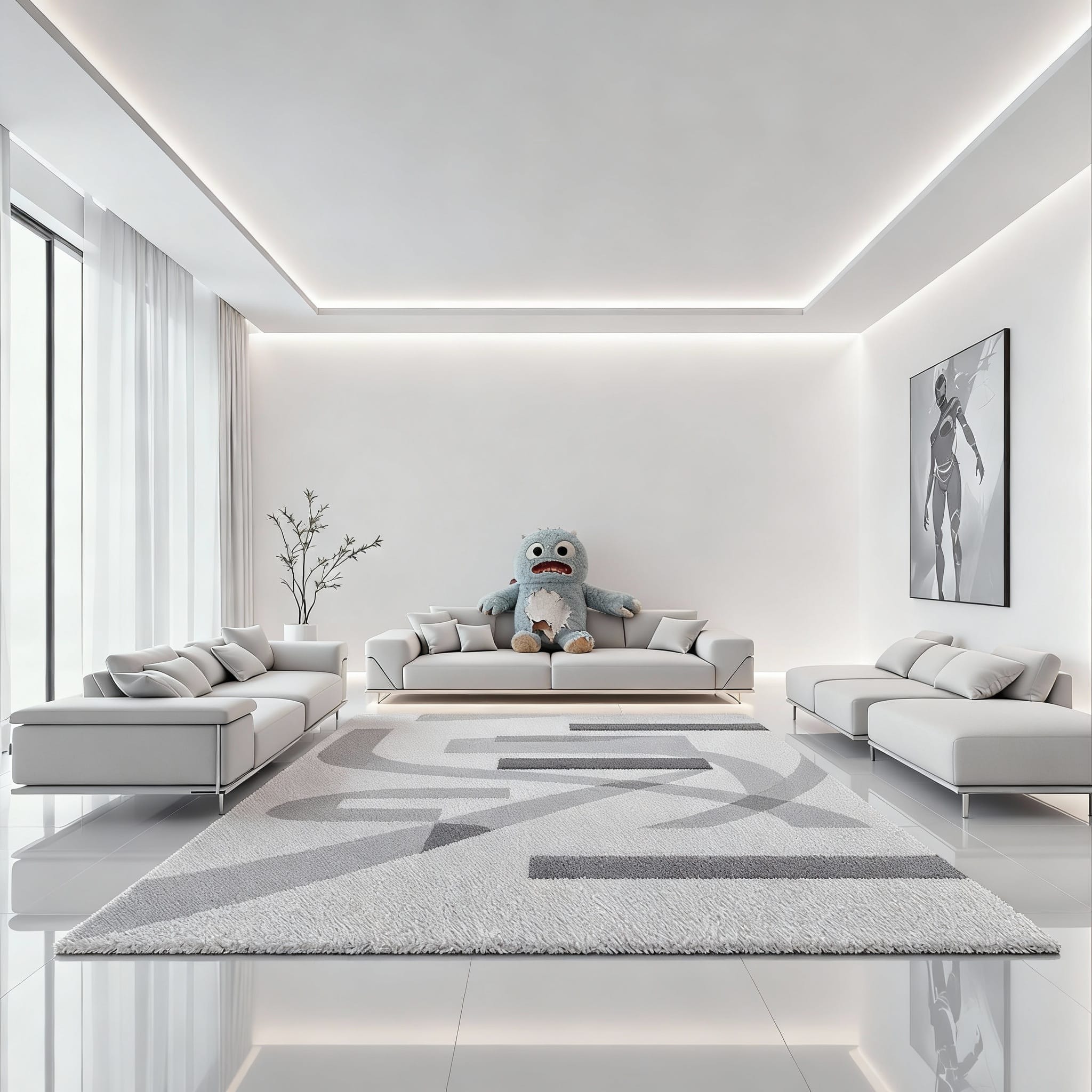 Minimal living room with a plush monster centered on the sofa