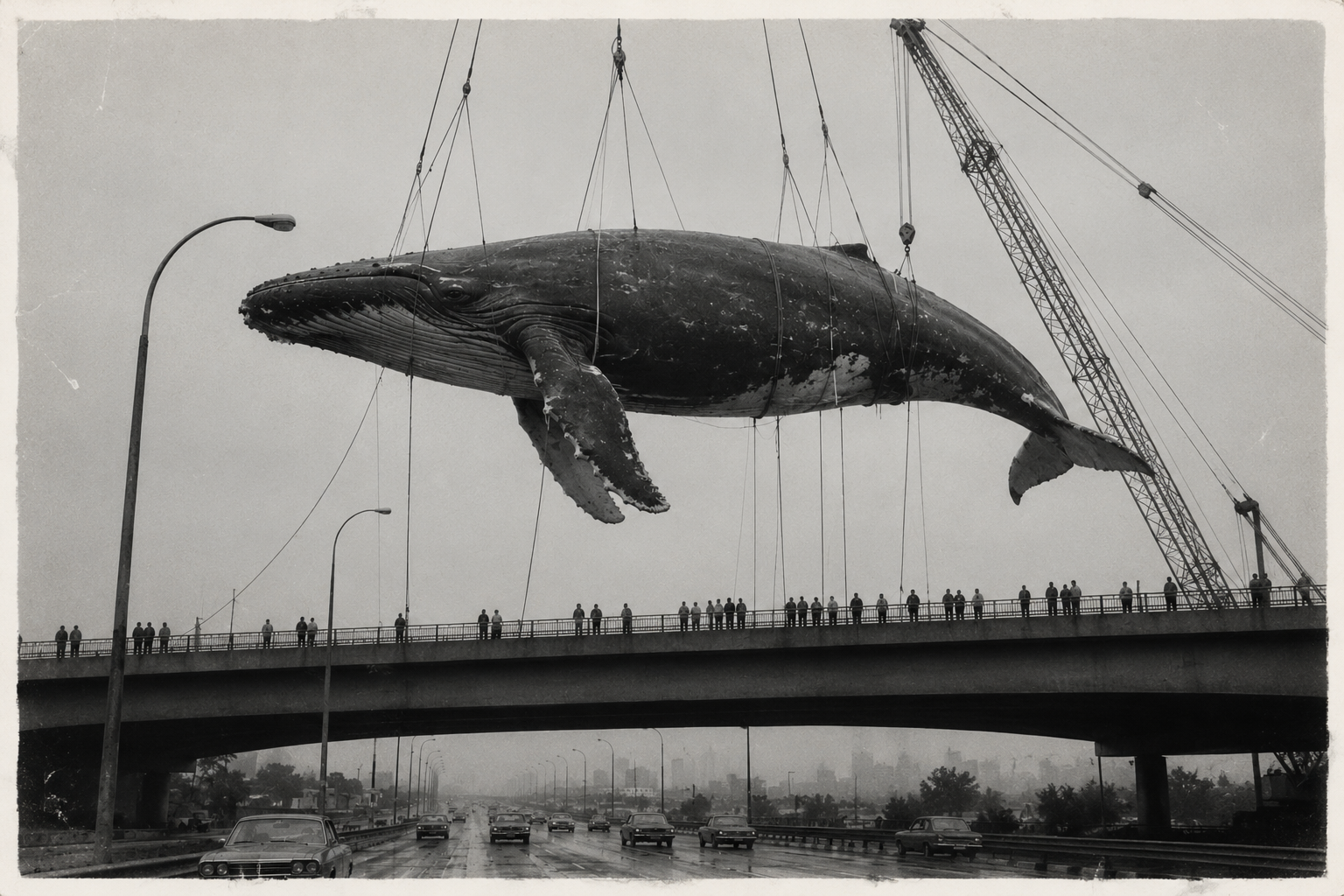 Whale suspended above an elevated roadway